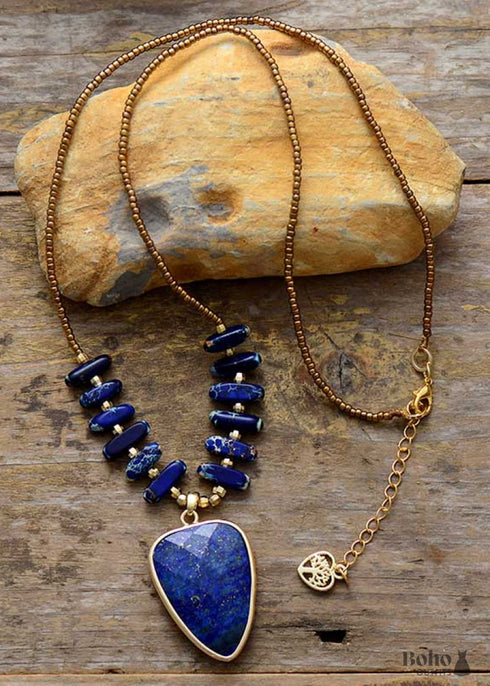 Boho Necklace, Heart Lapis Pendant Necklace